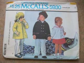 McCalls Pattern 5930 Toddler Coat Jacket Hat Sz 3 Uncut  