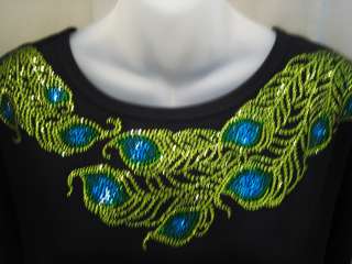 Rhinestone PEACOCK FEATHER Scoop Neckline Top~ Sparkle Bling Shirt 
