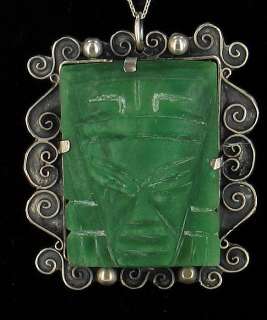 VINTAGE STERLING MEXICO AZTEC JADE CARVED FACE PIN NECKLACE  