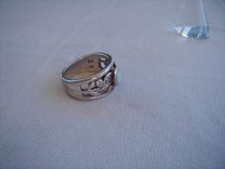 WIDE BAND VINTAGE STERLING WHITE OPAL RING, (8) ORNATE BAND, CZS 