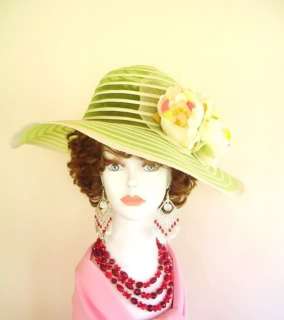 Ladies Lime Green Ivory Derby Church Hat Tea Dress Hats  