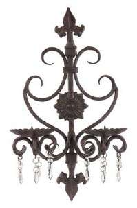 Victorian Iron Fleur de Lis Scrolled Candle Wall Sconce w/ Crystal 