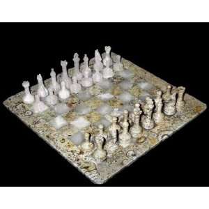   Tan Sea Fossil Coral Stone Chess Game Board & Pieces