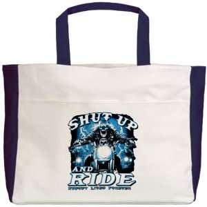   Beach Tote Navy Shut Up And Ride Nobody Lives Forever 