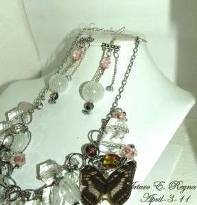 Artisan Arturo E.Reyna Real BUTTERFLYS Gemstone Glass Beads Bib 