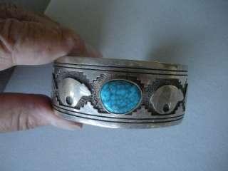 Signed Hopi sterling silver cuff in typical Hopi silver overlay work 