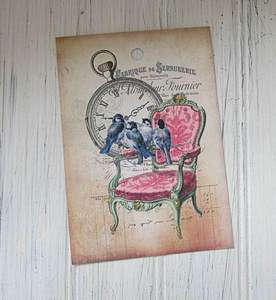 12 Tags  Blue Birds and Chair Pink,French Label, Green,Watch,Textured 