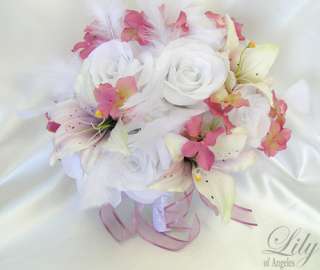   Piece Wedding Bridal Bride Bouquet Flowers PINK WHITE MAUVE IVORY LILY