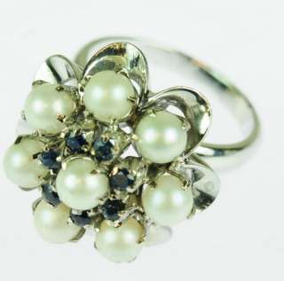 ANTIQUE LADIES 18K WHITE GOLD SAPPHIRE PEARL RING 113213  