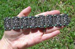 ANTIQUE CHINESE SILVER TURQUOISE EIGHT IMMORTALS PANEL BRACELET  