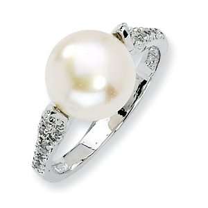  Sterling Silver CZ White Cultured Pearl Ring Size 8 