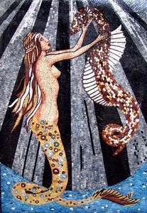 Mermaid Sea Horse Mosaic Tiles Stone Art Wall Mural  