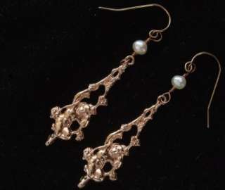 14k Rose Gold Vintage French Cherub on Swing Earrings  