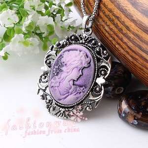 Old Silver Plated Chiffon Nice Purple Lady CAMEO necklace  