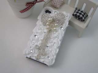3D Pearl Bow Cake Cream Bling Crystal Case Cover for iPhone 4 4S White 