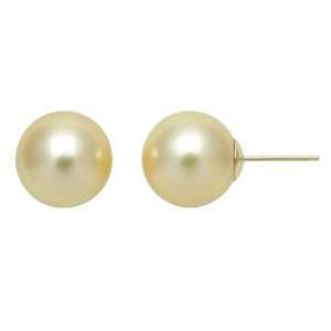 11 12mm Golden South Sea Pearl Stud Earrings, 14K Yellow Gold in Gift 