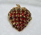 SIGNED USA Vintage BROOCH Pin Glass Rhinestone RED Strawberry FRUIT 