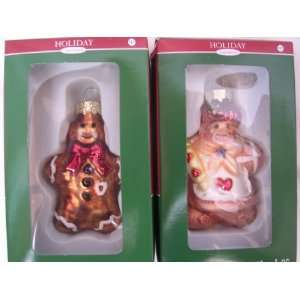 Gingerbread Boy and Girl Glass Ornaments 3 ; Box Set of 2