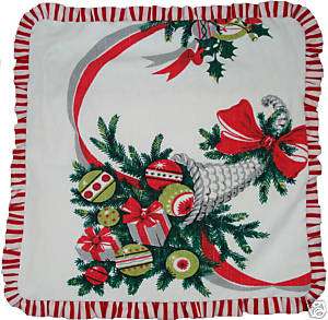 Vintage Christmas Tablecloth Pillow Ornaments Bows  