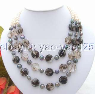 Charming 3Strds White&Black Pearl&Crystal Necklace  
