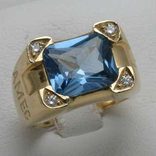 Estate 14k gold Blue Topaz Diamond Mens Ring 5 carat AME diamond Cross 