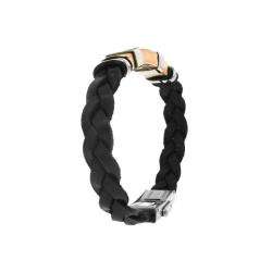 Two tone Stainless Steel and Black Leather Mens Braided Bracelet 
