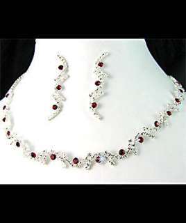   Bridesmaids Diamante Red Crystal Necklace Earrings Set Prom  