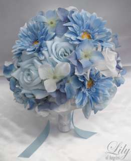   Bridal Bouquet Flowers BLUE WHITE Bride Daisy Boutonniere Groom