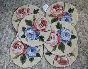 Hand Hooked Wool Country Chair Seat pads cushions floral on ivory NEW 