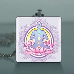 Lotus Chakra Reiki Yoga Glass Tile Necklace Pendant 870  