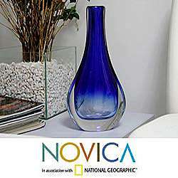 Hand blown Modern Blue Teardrop Murano Glass Vase (Brazil 
