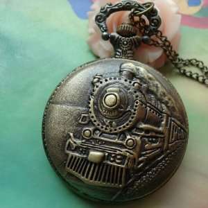   Train with Large Head Round Pocket Watch Locket Pendants Necklace