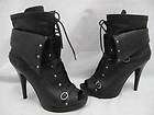 BCBGeneration Black Leather Lace Up Fold Over Peep Toe Mid Calf Boots 