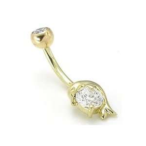   14kt Yellow Gold Single Gem Solitare Baby Dolphin Belly Ring Jewelry