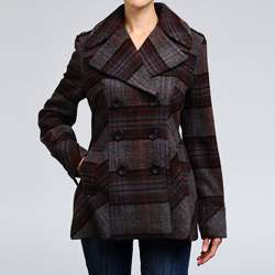 Nicole Miller Womens Plaid Wool blend Pea Coat  