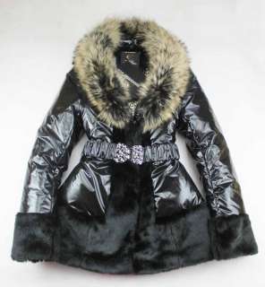 New Womens Raccon Fur Neck Shiny Belt Buckle Coat Black 906 S/M/L/XL 