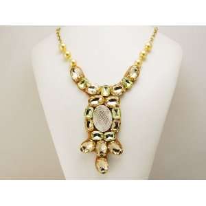   Ethnic Inspired Gold Tone Lime Green Dangle Drop Bib Costume Necklace