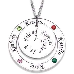   Sterling Silver Sisters Engraved Disc and Birthstone Necklace Jewelry