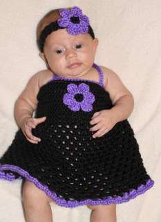 Handmade Crocheted Baby Dress & Headband *You Choose Size* Black 