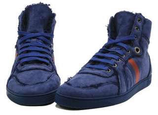 NEW $650 GUCCI MENS BLUE SUEDE FLEECE LINED HIGH TOP SNEAKER  