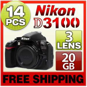 Nikon D3100 SLR Camera Body & 14PC 20GB 3 Lens 689466369014  
