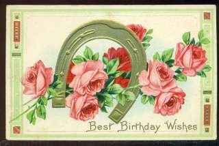 BEST BIRTHDAY WISHES Golden Horseshoe Pretty Pink Roses Vintage 