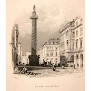  1859 Steel Engraving Place Vendome Column Paris France 