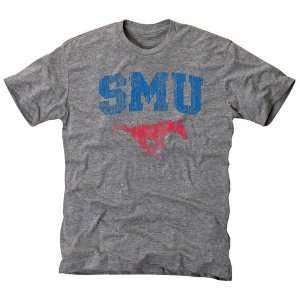 SMU Mustangs Distressed Secondary Tri Blend T Shirt   Ash 