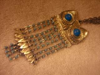 Vintage Silver Tone Blue Eyes Articulated Owl Necklace  