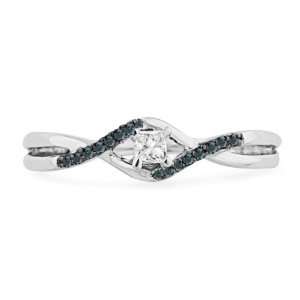 10KT White Gold Blue And White Princess and Round Diamond Promise Ring 
