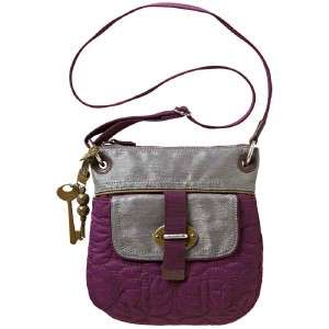 New~ FOSSIL Key Per Purple & Silver Quilted Vintage Crossbody Handbag 