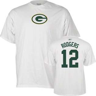 Reebok Aaron Rodgers White Reebok Name and Number Green Bay Packers T 