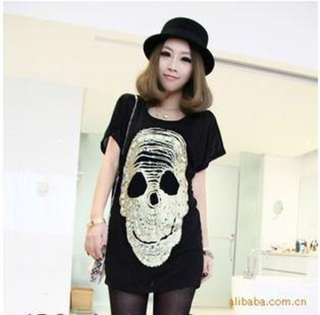 New Casual Womens Skull Heads Print T shirt Blouse Batwing Loose Crew 