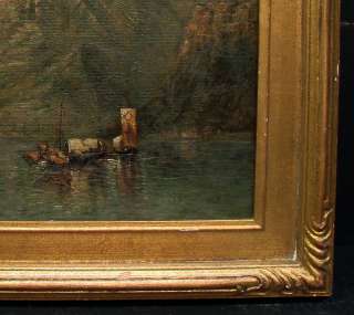   Antique Hudson River Oil Painting Boats Travel Along the Mountain